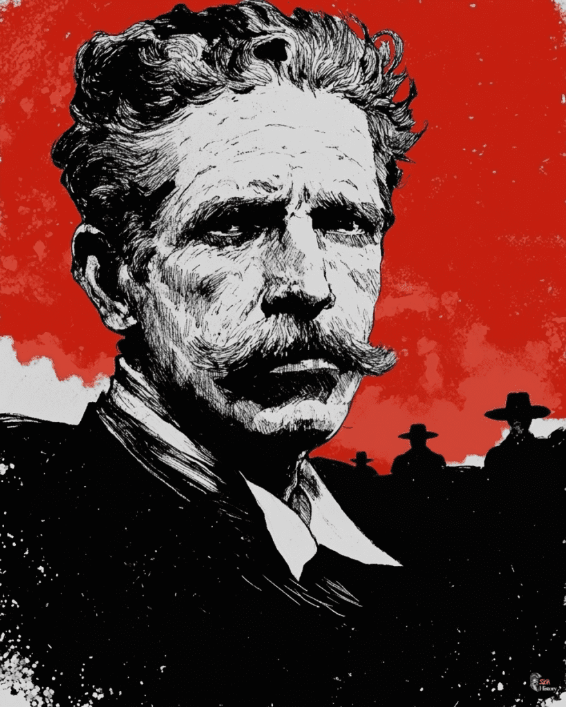 Elderly Ambrose Bierce, with silhouetted Mexican revolutionaries in the background against a red sky.