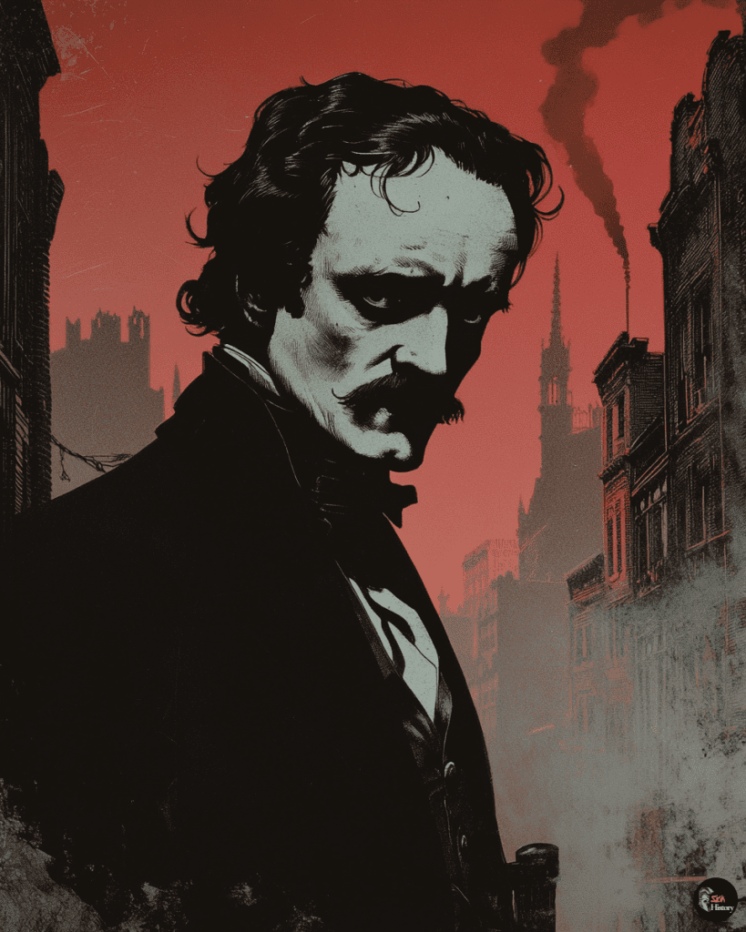 A disheveled Edgar Allan Poe near a tavern in a Baltimore, 1849.