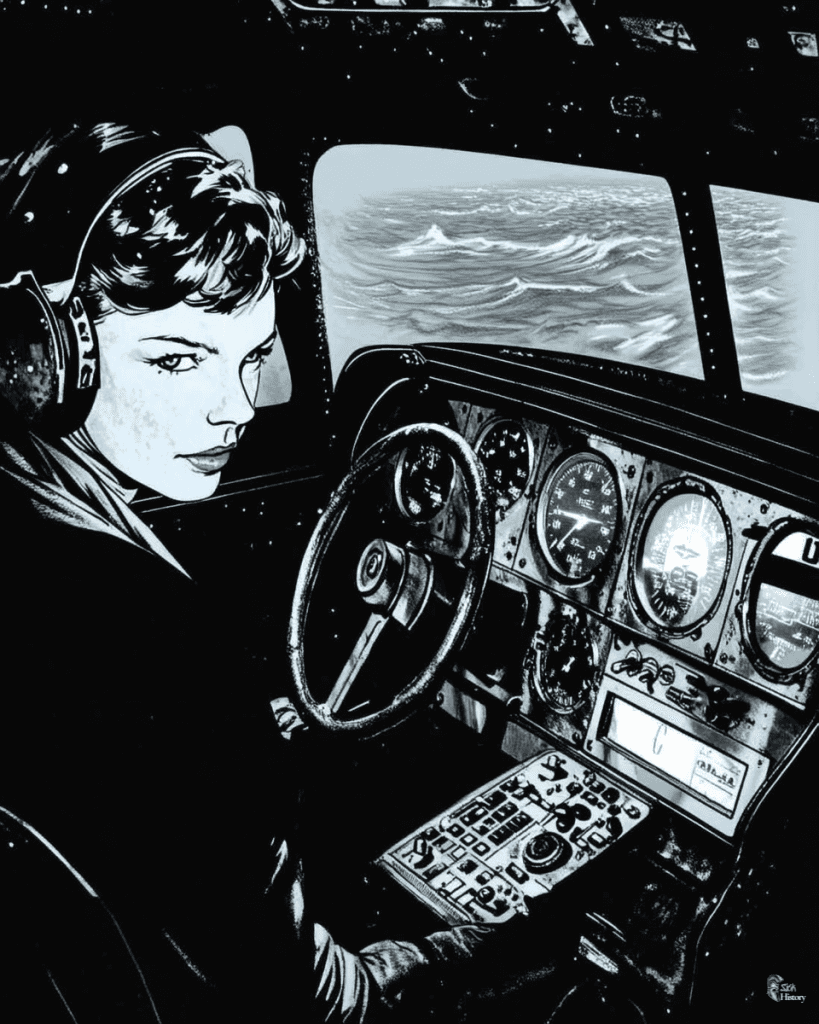 Amelia Earhart in cockpit, determined face lit by instruments, vast ocean visible through windshield.