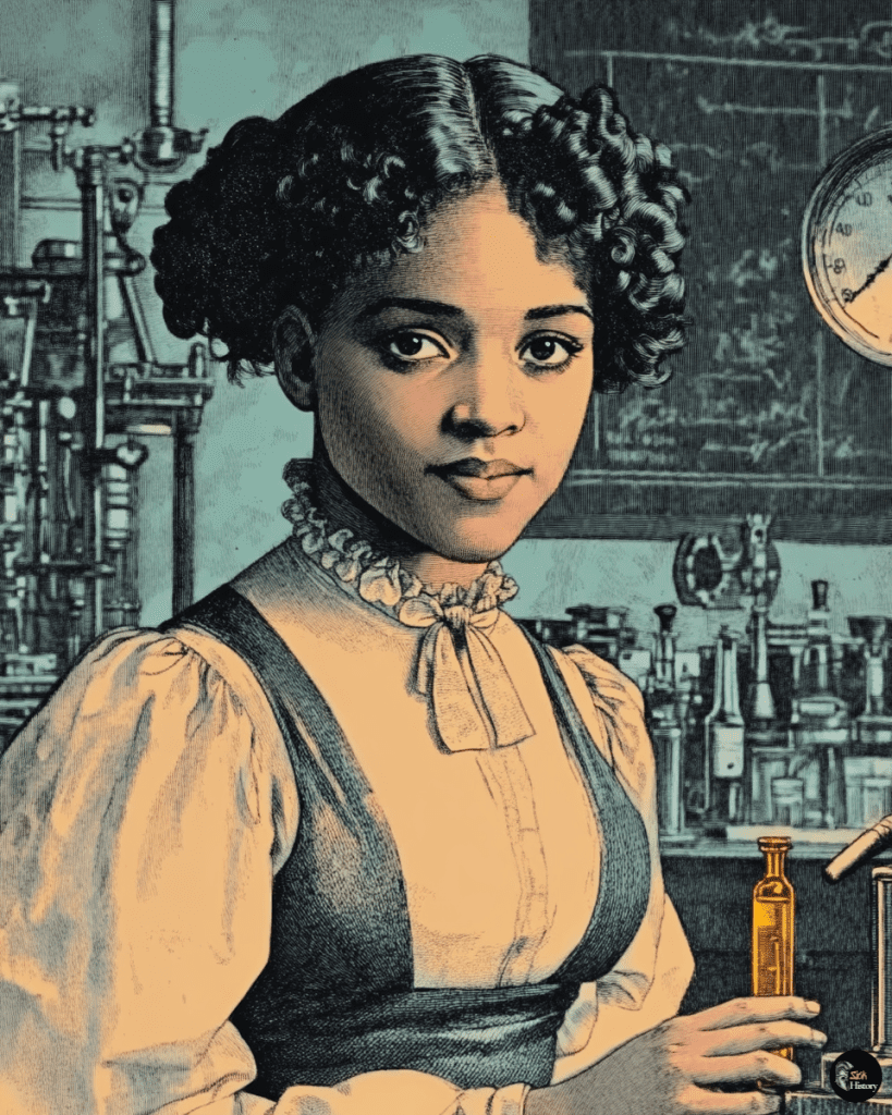 Alice Ball in laboratory, holding vial of chaulmoogra oil, surrounded by scientific equipment and formulas.