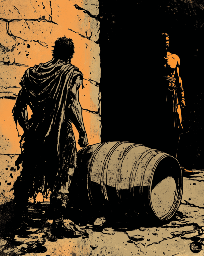 Diogenes standing next to a barrel, facing the silhouette of Alexander the Great.