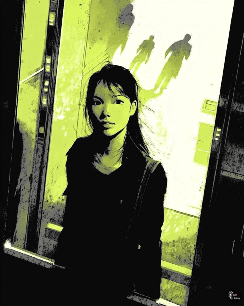 Eliza Lam in a dimly lit elevator.