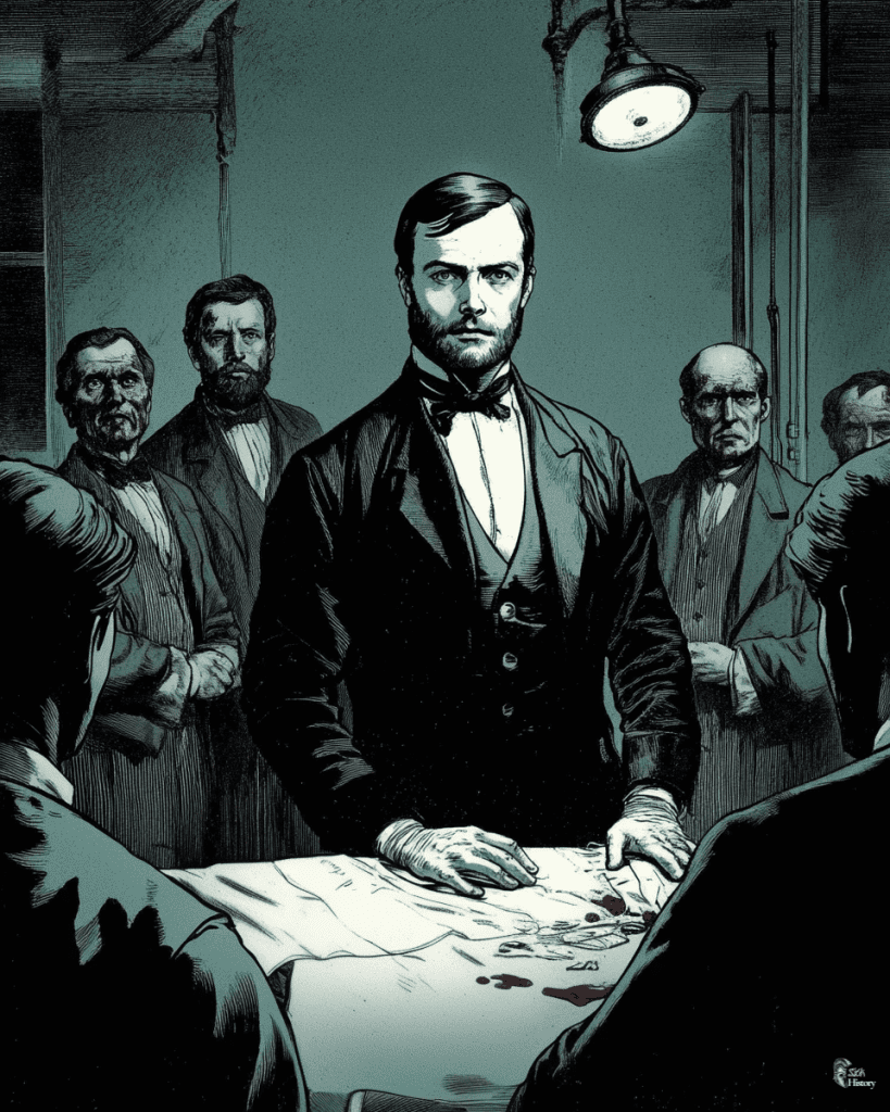 Victorian surgeon Joseph Lister stands in operating theater surrounded by shocked colleagues.