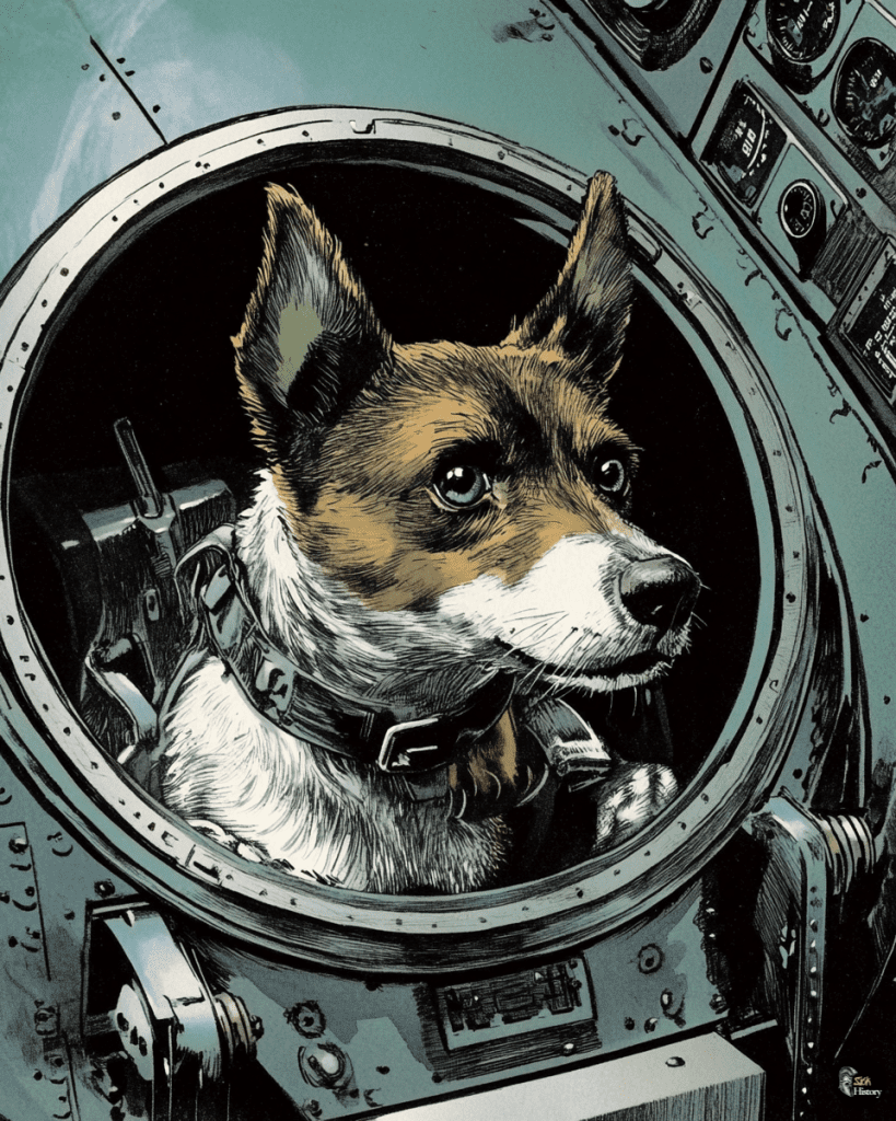 Laika the dog inside a space capsule.