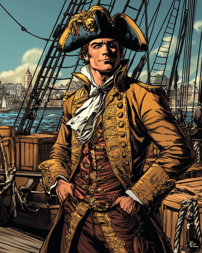 Timothy Dexter on a ship deck, wearing nobleman's outfit, surrounded by crates.