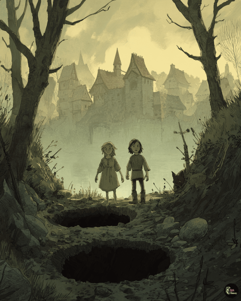 Two green-skinned children emerging from dark wolf pits in a medieval English village