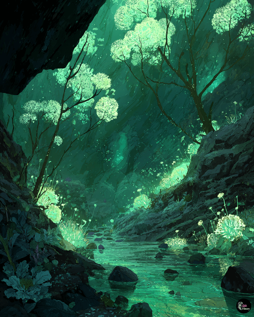 Mystical underground realm of St Martin's Land with green luminescent landscape and twilight atmosphere