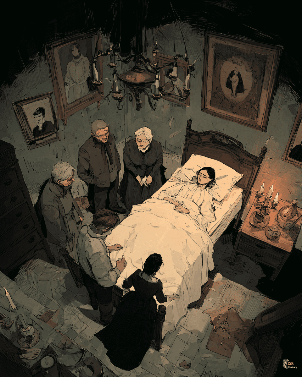 Victorian family gathered around the deathbed of an arsenic poisoning victim in their modest home