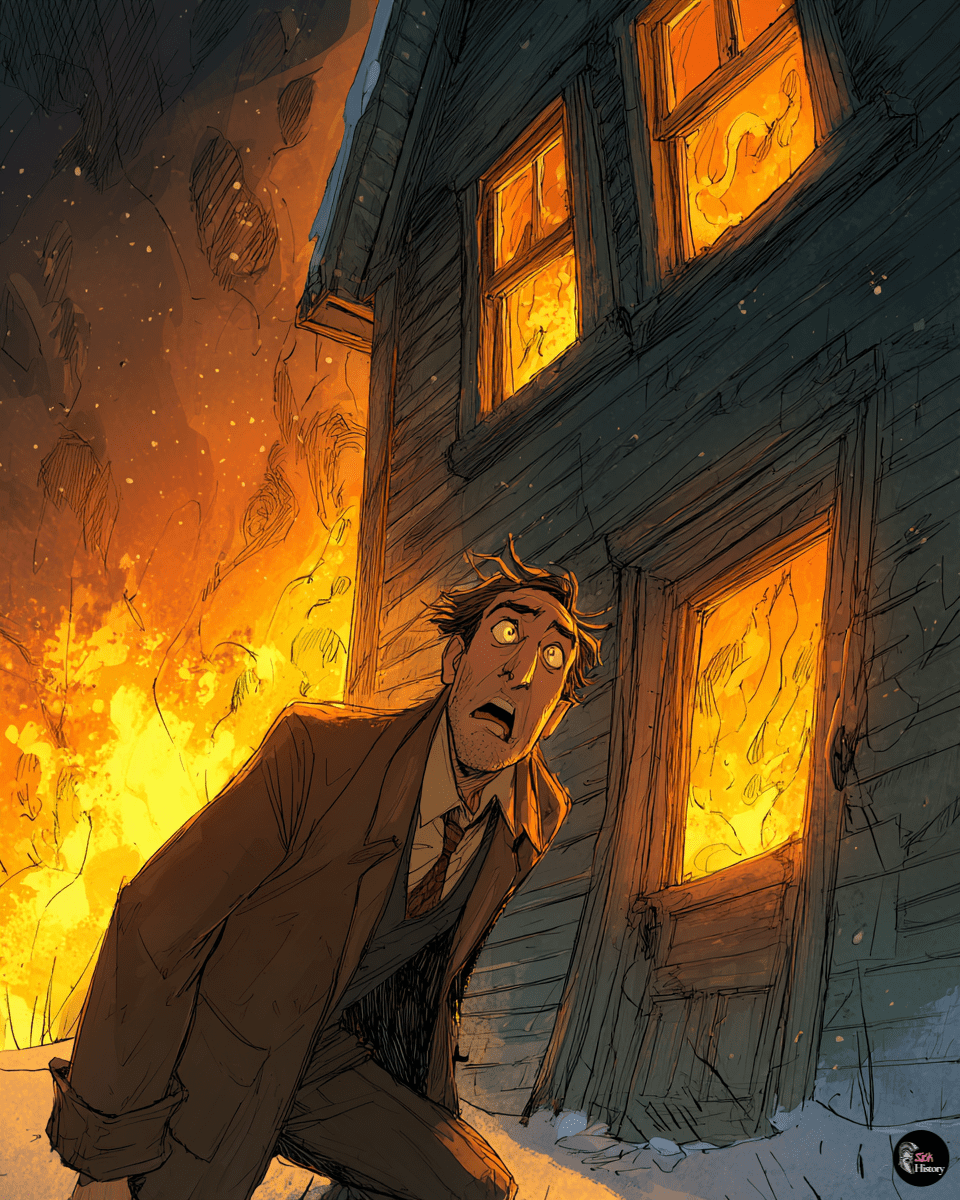 George Sodder desperately searching for his missing ladder while his house burns behind him with children trapped upstairs