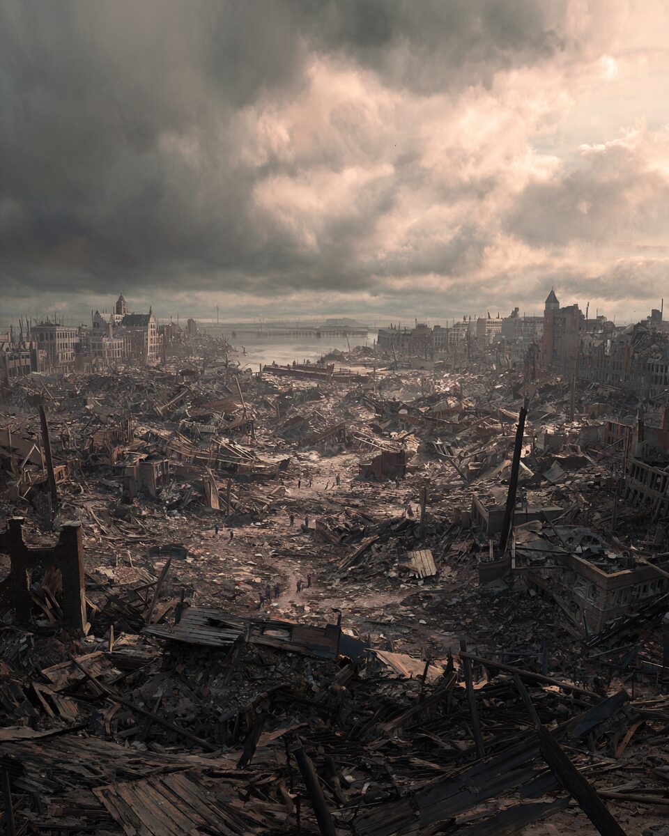 A view of the completely destroyed Richmond district after the Halifax explosion, showing flattened buildings and debris.