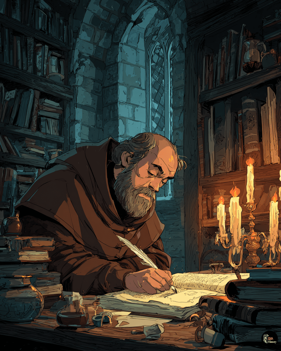 Medieval chronicler writing about the green children in a monastery scriptorium by candlelight