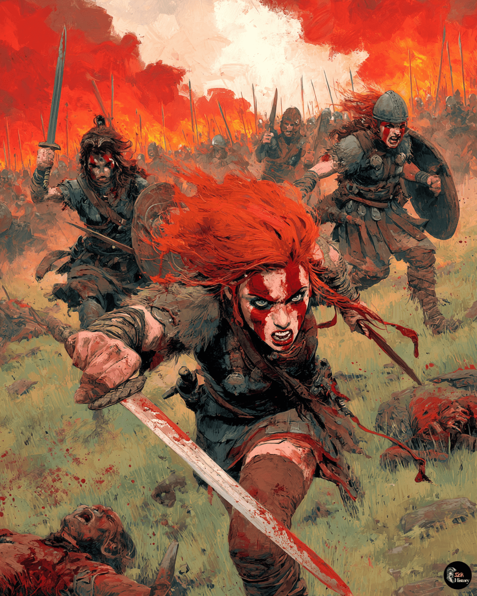 Celtic warrior queen Boudicca leading her forces against Roman legionaries in brutal combat.