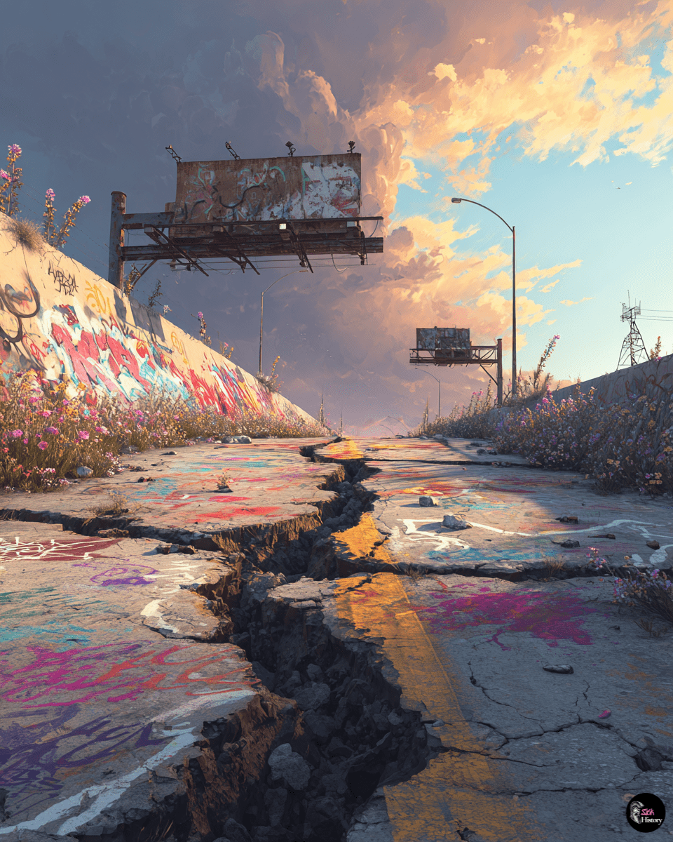 Abandoned and cracked Route 61 highway with large fissures and colorful graffiti covering the broken asphalt