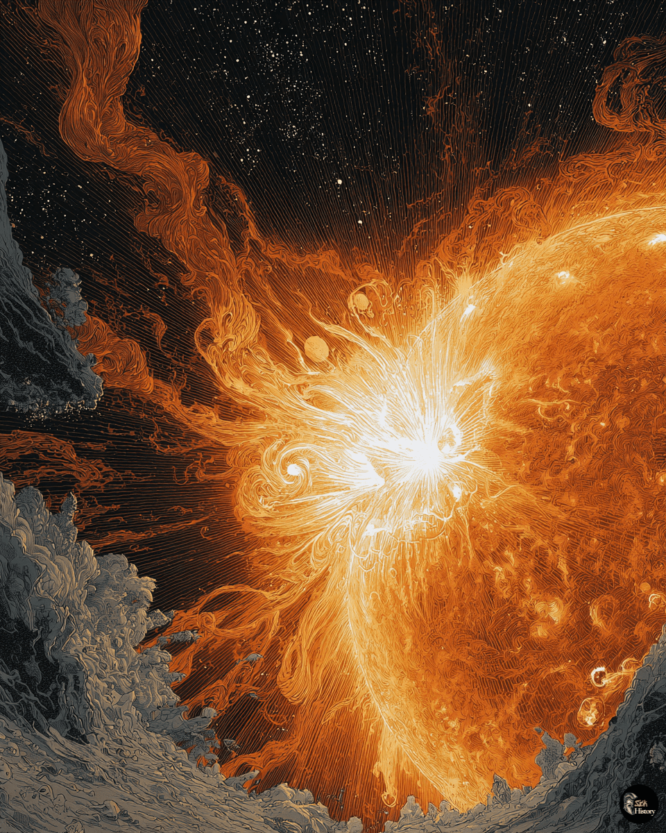 Massive solar flare erupting from the Sun's surface with coronal mass ejection heading toward Earth