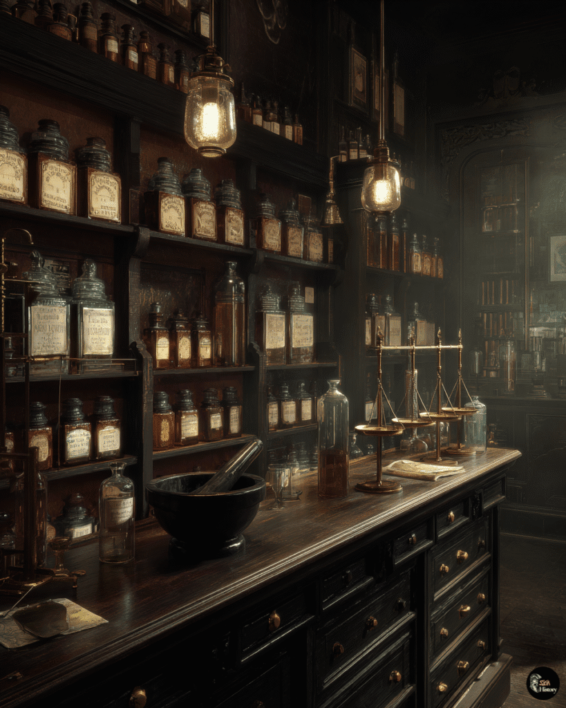 Dark Victorian pharmacy interior with glass bottles containing arsenic compounds and toxic medicines on wooden shelves