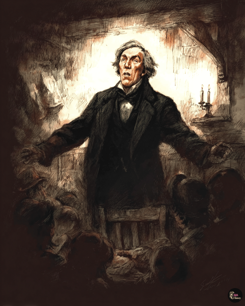 Victorian poet William McGonagall standing dramatically on stage.