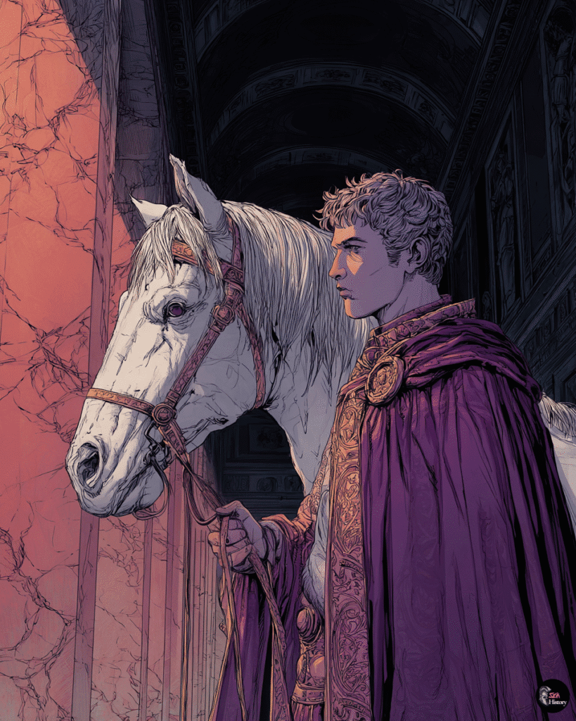 Young Roman emperor Caligula in ornate purple robes standing beside his white horse in a marble palace.