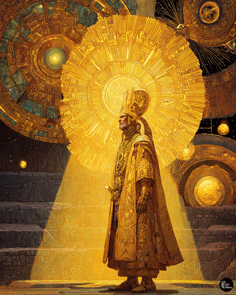 Ancient Inca ruler in golden ceremonial attire standing before massive sun disk