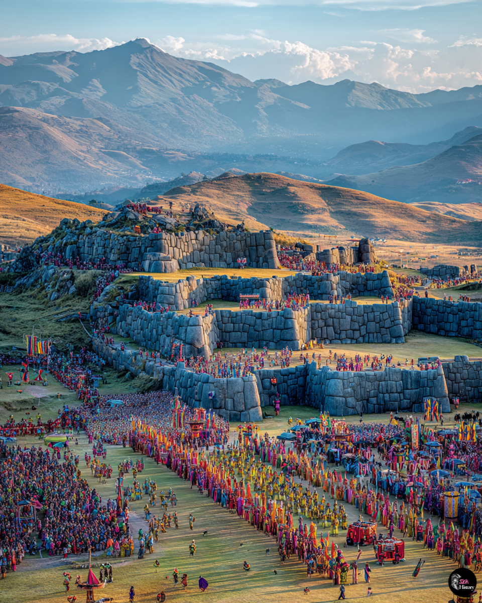 Thousands of participants in colorful traditional costumes gathered at Sacsayhuamán fortress