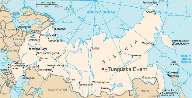 Map showing the approximate location of the Tunguska event of 1908