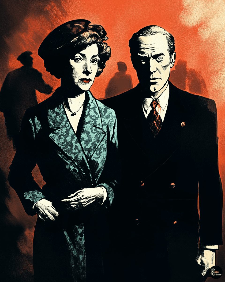 Agatha and Archie Christie stand apart together, her eyes knowing, his guilty; their marriage unraveling in 1926.