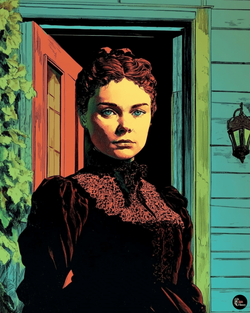 Lizzie Borden stands ominously in the doorway of her parents' Fall River home.