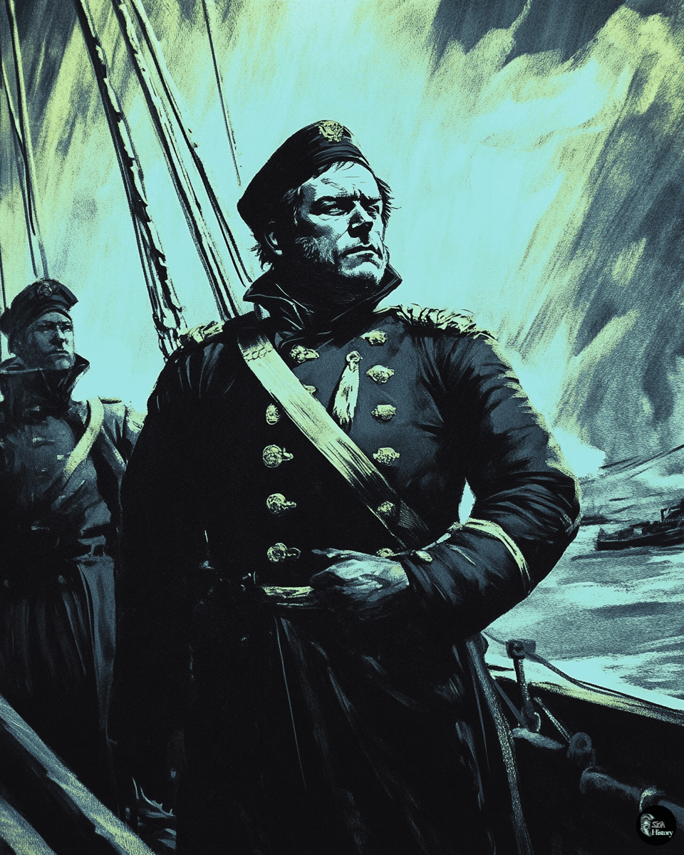 Sir John Franklin faces the Arctic's challenge, his resolve tested against nature's unforgiving might.