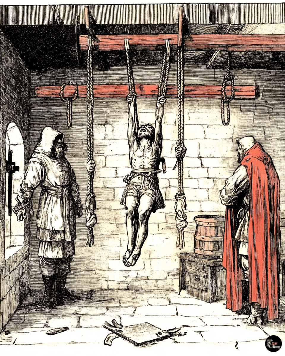 A man hangs suspended by the strappado, his body forming a grotesque arc of suffering. His arms are wrenched painfully behind his back, shoulders dislocated, as ropes bite into his wrists.