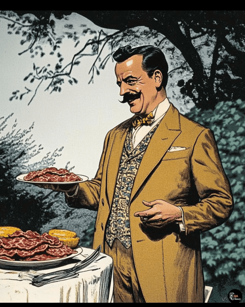 Edward Bernays gestures at a breakfast table piled with bacon.