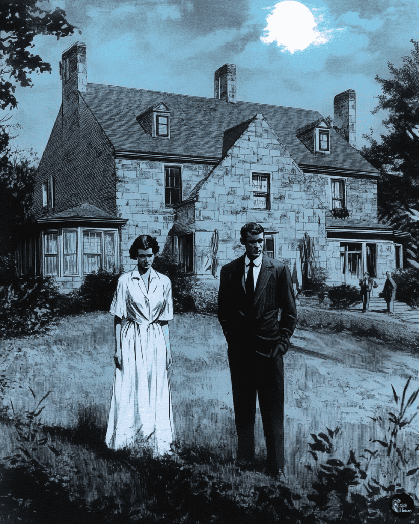 A distraught Charles and Anne Lindbergh stand in front of their large mansion at night. Police and reporters are visible in the background.