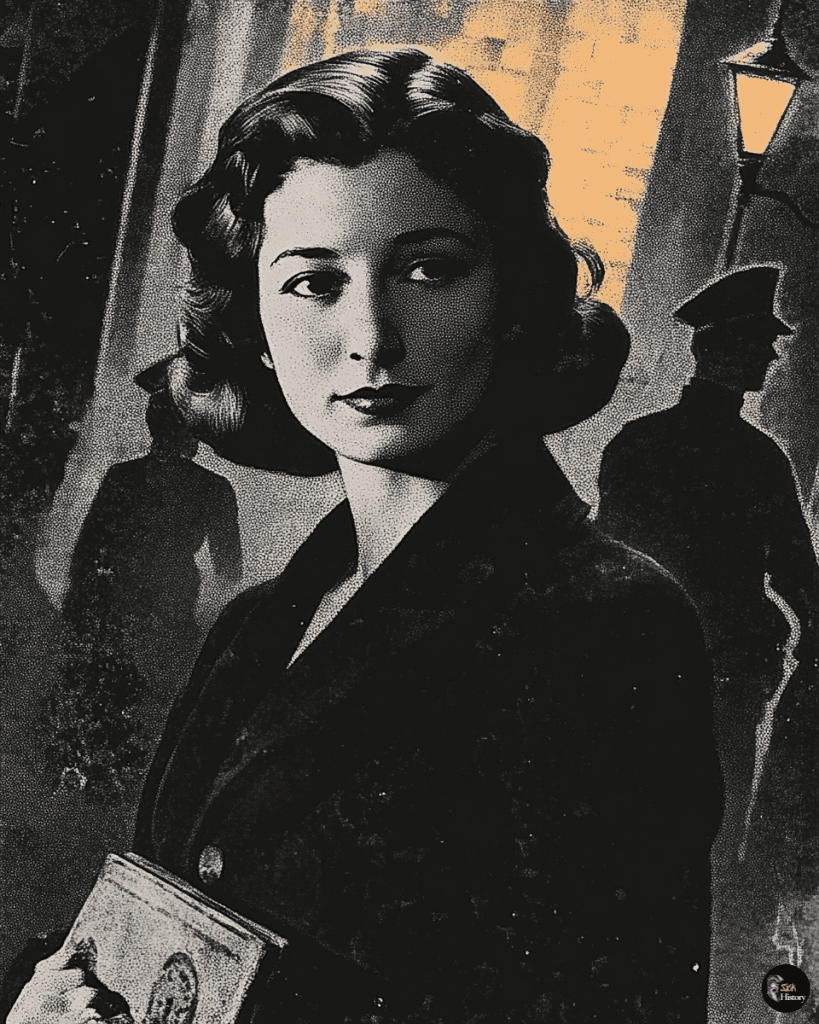 Miep Gies holding Anne Frank's diary in a dark Amsterdam alley, with Nazi soldier silhouettes in the background.