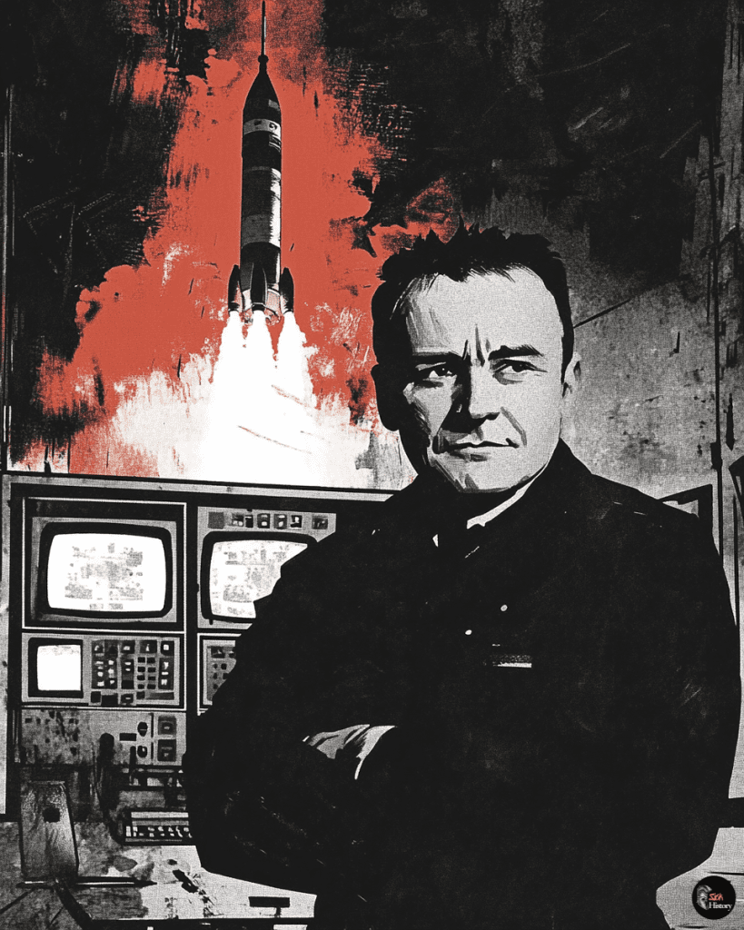 Sergei Korolev in a Soviet control room, watching a rocket launch.