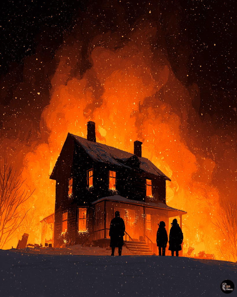 The Sodder family house engulfed in flames on Christmas Eve 1945 with silhouettes of family members watching helplessly