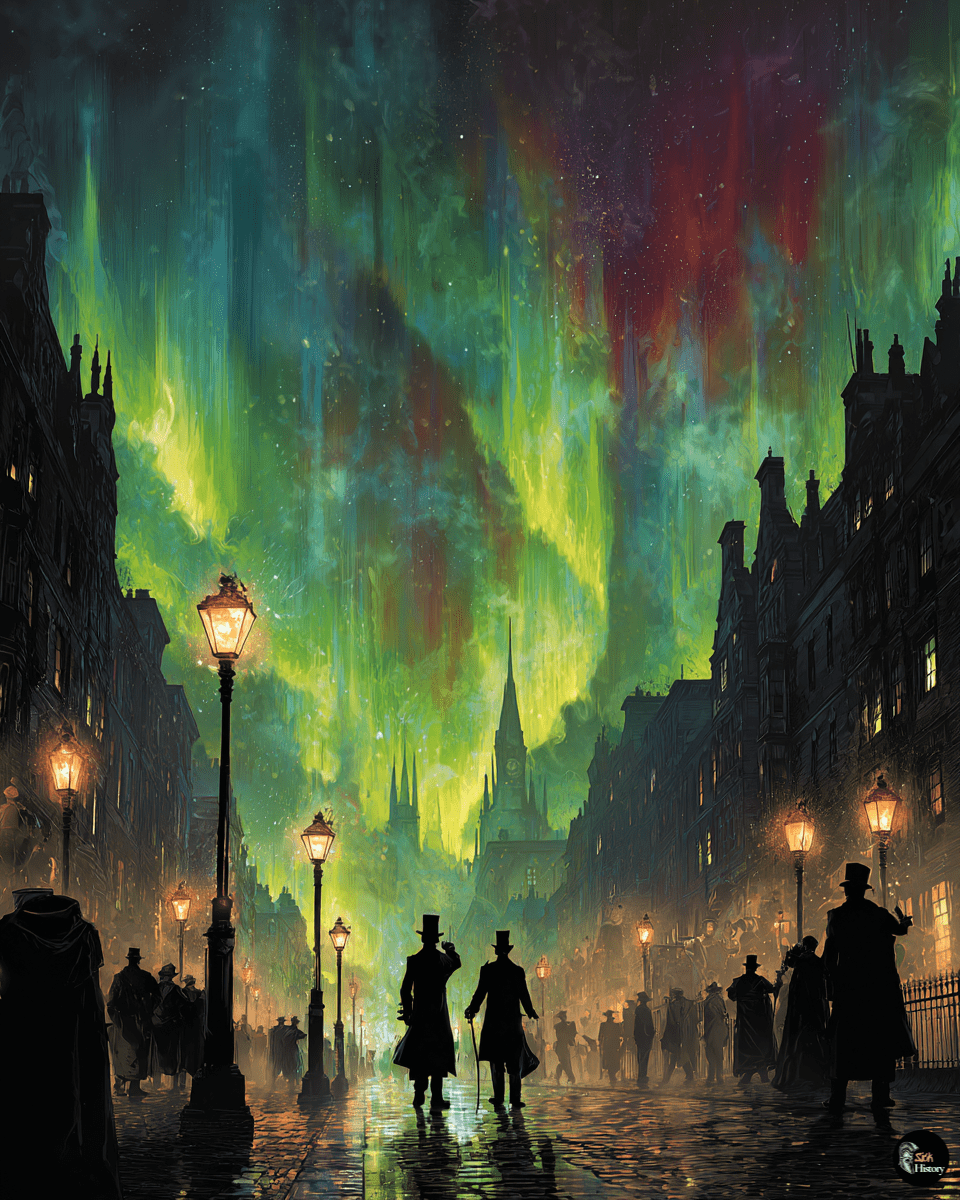 Brilliant aurora borealis lighting up the night sky over a Victorian city with amazed citizens watching