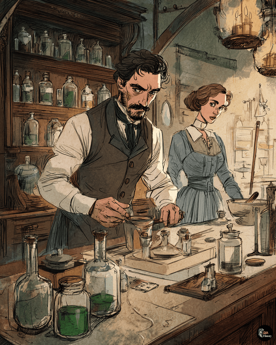 Victorian pharmacy assistant accidentally mixing arsenic compounds in a dimly lit chemist shop