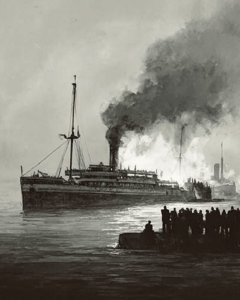French cargo ship SS Mont-Blanc on fire in Halifax Harbour moments before the catastrophic explosion of 1917.
