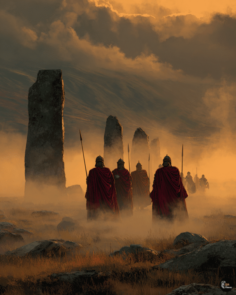 Roman soldiers of the Ninth Legion marching through misty Scottish highlands before their mysterious disappearance.