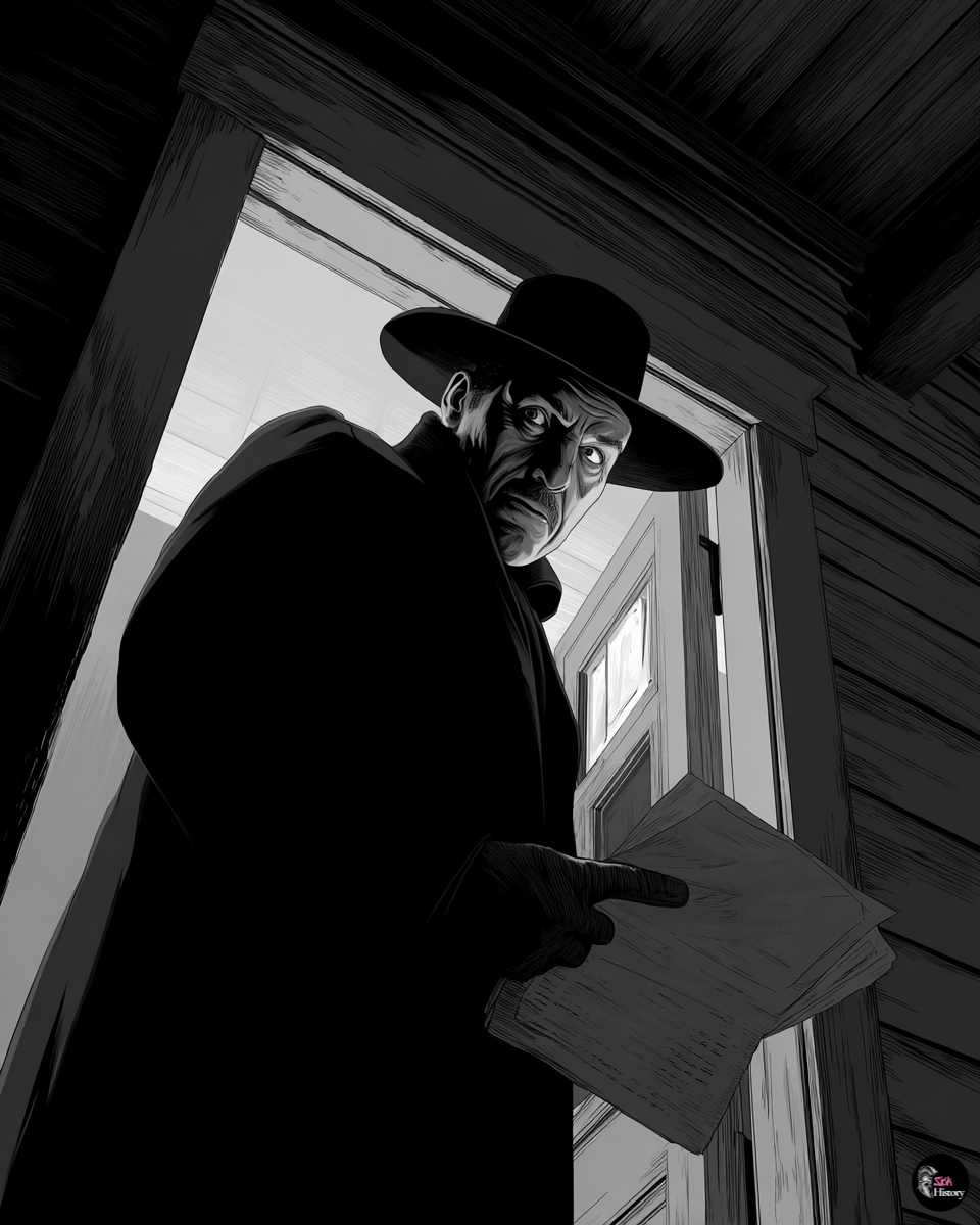 A sinister stranger at the Sodder family door warning George about house fires while trying to sell life insurance