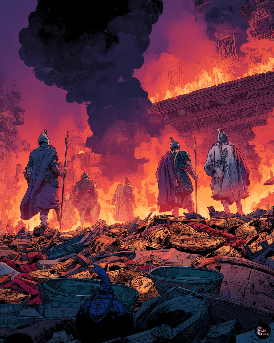 Spanish conquistadors destroying Inca ceremonial objects and sacred temples