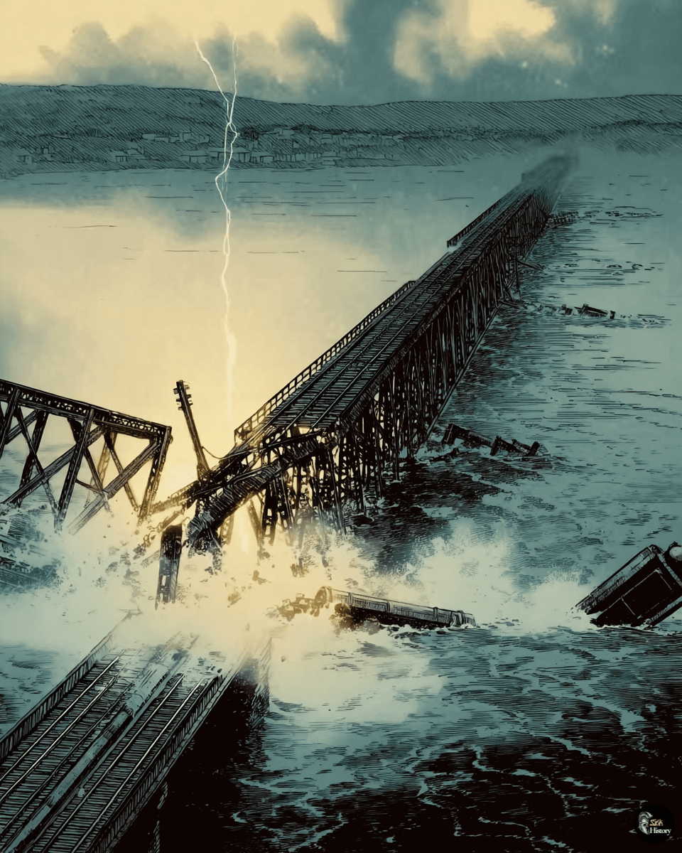 The collapsed Tay Bridge with train cars falling into dark waters during storm